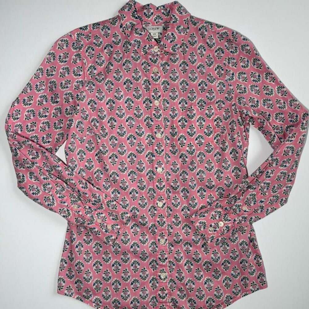 J.Crew pink long sleeve button-up shirt with floral botanical print, size XS
